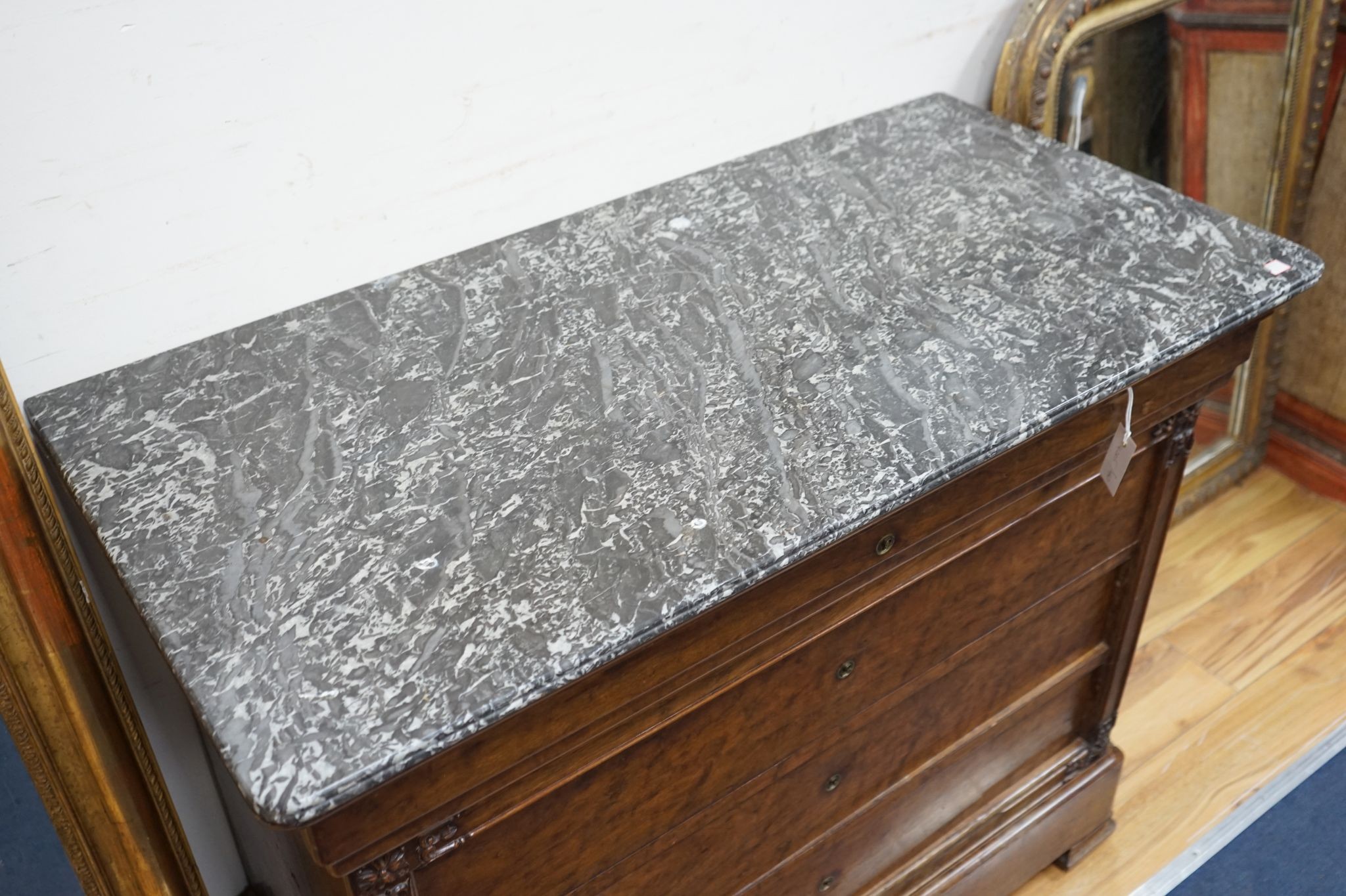 A 19th century French mahogany marble top commode, width 115cm, depth 57cm, height 96cm